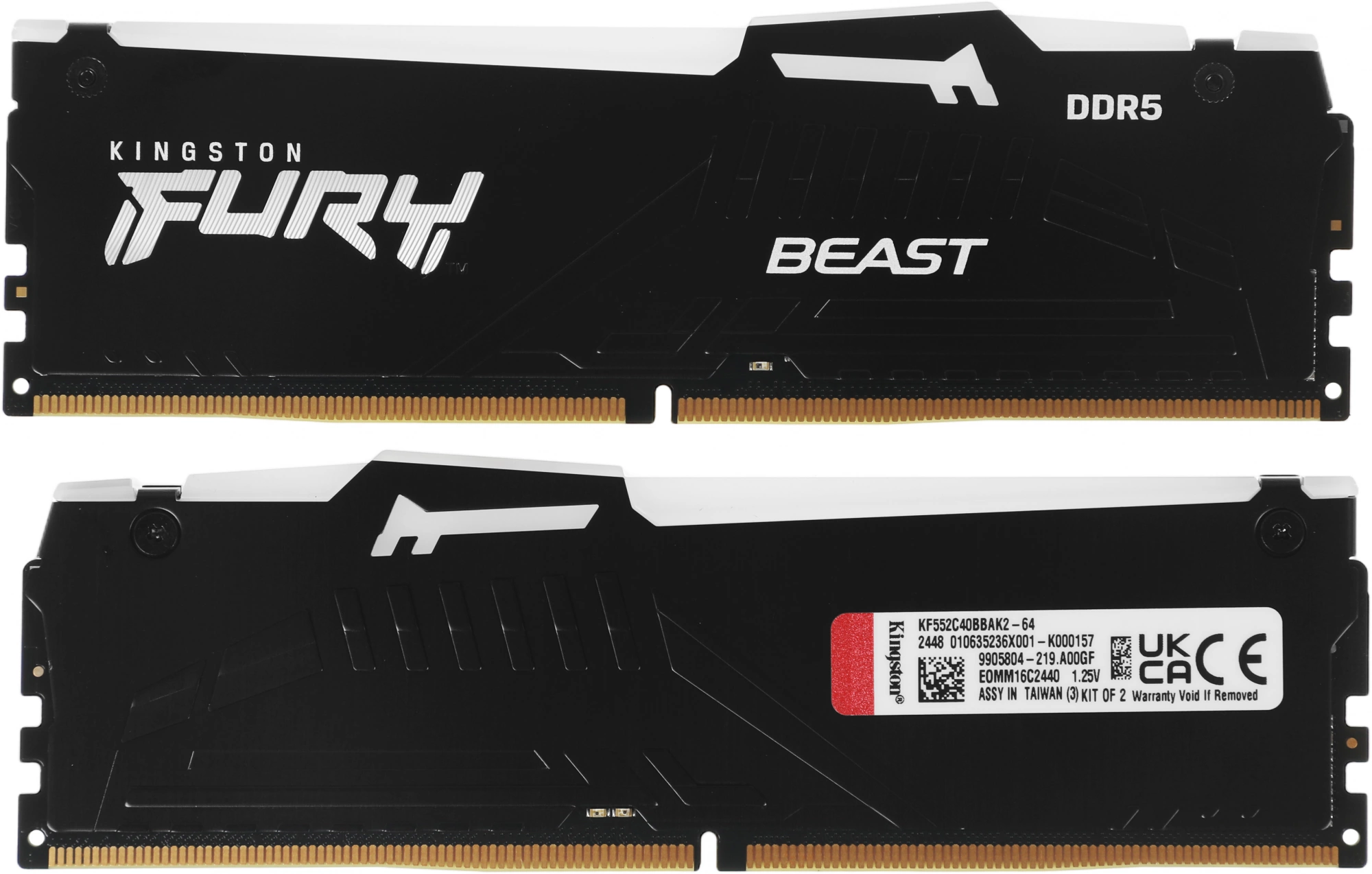 Память DDR5 2x32GB 5200MHz Kingston KF552C40BBAK2-64 Fury Beast RGB RTL Gaming PC5-41600 CL40 DIMM 288-pin 1.25В kit single rank с радиатором Ret