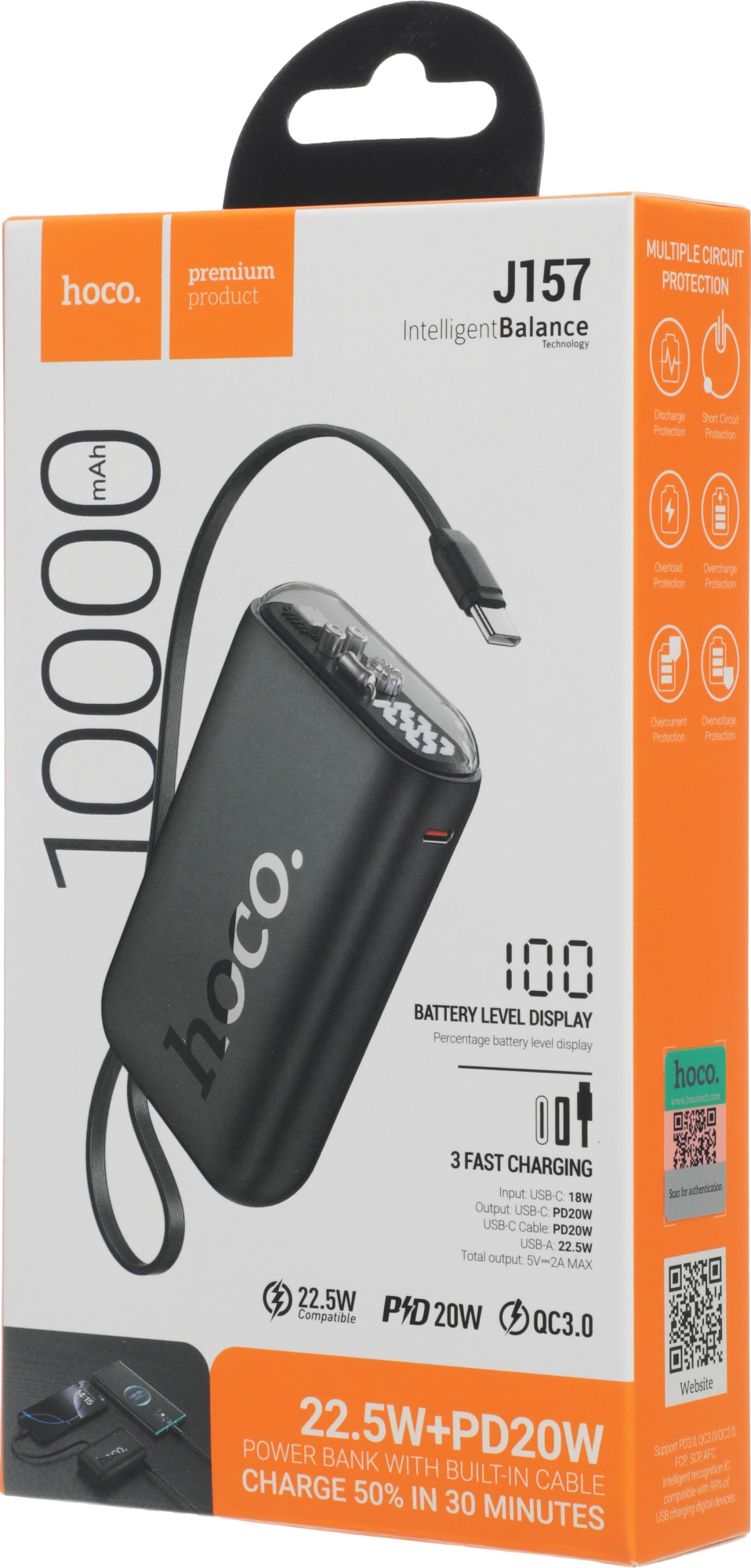 Мобильный аккумулятор Hoco J157 10000mAh QC3.0/PD 22.5W 2A USB-A/2xUSB-C черный (62055)