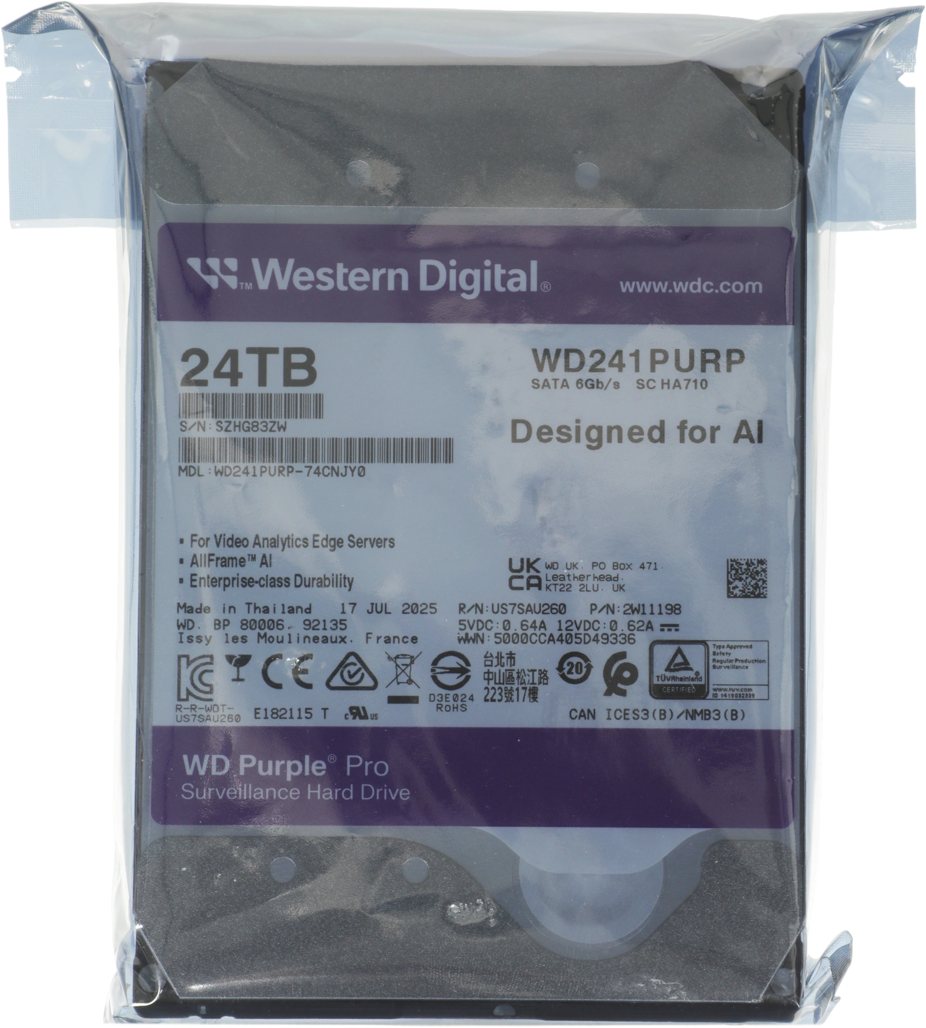 Жесткий диск WD SATA-III 24TB WD241PURP Surveillance Purple Pro (7200rpm) 512Mb 3.5"