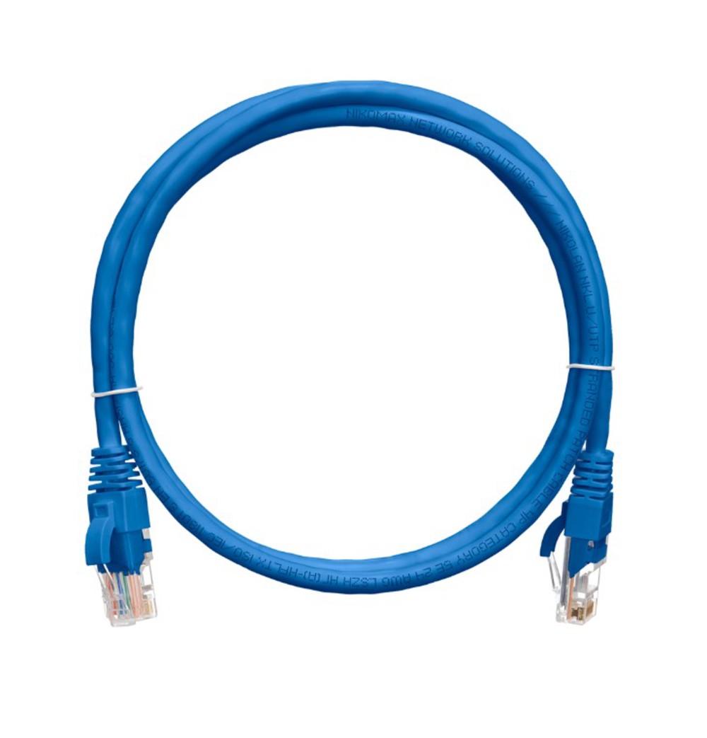 NMC-PC4UD55B-003-BL - Коммутационный шнур NIKOMAX U/UTP 4 пары, Кат.5е (Класс D), 100МГц, 2хRJ45/8P8C, T568B, заливной, с защитой защелки, многожильный, BC (чистая медь), 24AWG (7х0,205мм), PVC нг(А), синий, 0,3м