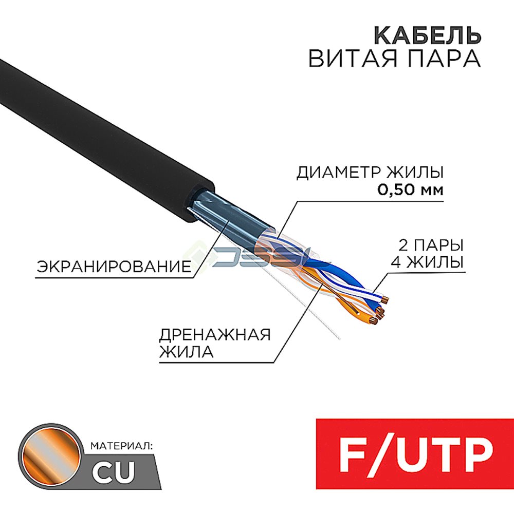 01-0124 - Кабель витая пара F/UTP, CAT 5e, PE, 2PR, 24AWG, OUTDOOR, SOLID, черный, 305м, REXANT