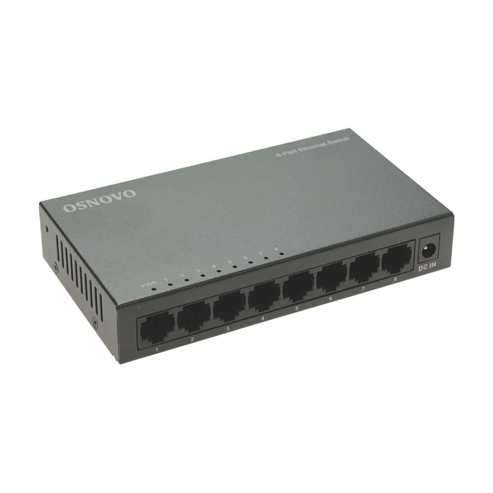 SW-8F - Неуправляемый коммутатор Fast Ethernet на 8 портов. Порты: 8 x FE (10/100Base-TX). Auto MDI/MDIX Встроенная грозозащита 2кВ. В комплекте БП DC12V(1A). Размеры (ШхВхГ): 138 x 25 x 78мм. Рабочая температура: 0...+40 гр. С, OSNOVO