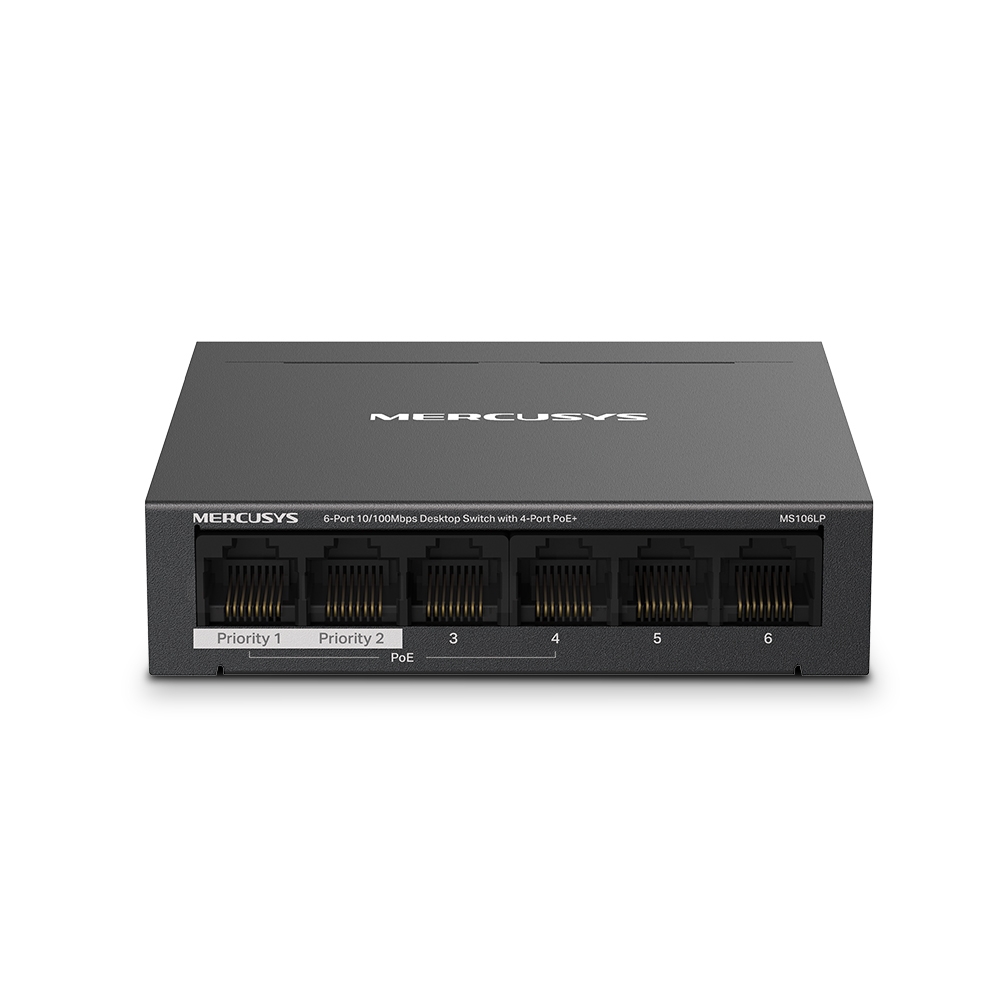 MS106LP - 6-портовый настольный коммутатор 10/100 Мбит/с с 4 портами PoE+. Порты: 4 х порта 10/100 Мбит/с PoE+, 2 х порта 10/100 Мбит/с без PoE, Mercusys