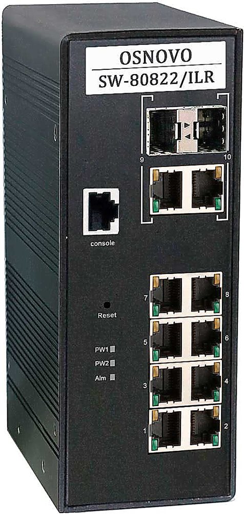 SW-80822/ILR - Промышленный управляемый (L2+) PoE коммутатор Gigabit Ethernet на 10 портов. Порты: 8 x GE (10/100/1000Base-T) с PoE (до 30W) + 2 x GE Combo (RJ45 10/100/1000Base-T+ SFP 1000Base-X)