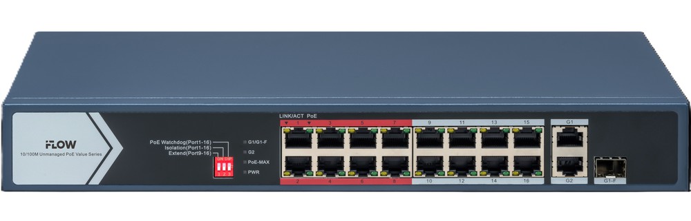 F-SW-EU418POE-V/L - неуправляемый коммутатор Value СЕРИЯ(100M, PoE) 16 RJ45 100M PoE с грозозащитой 6кВ, iFLOW