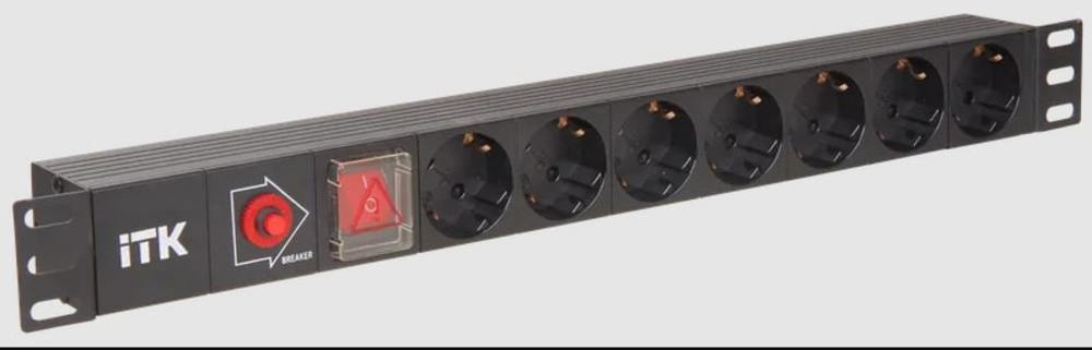 PH13-7D3 ITK PDU 7 розеток нем. стандарт, с LED выключателем и защитой от перенапряжения, без шнура, вх. C14, алюминиевый профиль