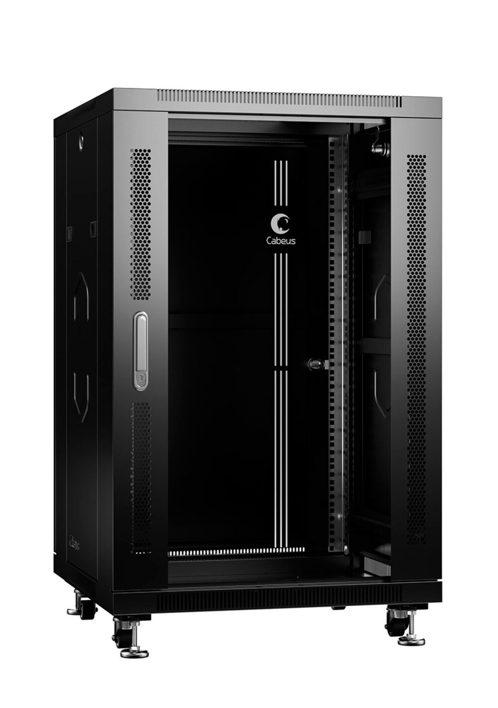 Cabeus SH-05C-18U60/80-BK - Шкаф монтажный телекоммуникационный 19" напольный для распределительного и серверного оборудования 18U 600x800x988mm (ШхГхВ) передняя стеклянная и задняя сплошная металлическая двери, ручка с замком, цвет черный (RAL 9004)