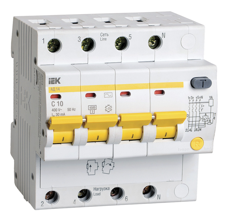 Выключатель автом. дифф. тока IEK MAD10-4-010-C-030 АД14 10A тип C 4.5kA 30мА AC 4П 400В 5мод белый (упак.:1шт)
