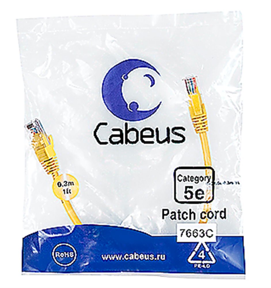 Cabeus PC-UTP-RJ45-CAT.5E-0.3M-YL - Патч-корд U/UTP, категория 5е, 2xRJ45/8p8c, неэкранированный, желтый, PVC, 0.3м