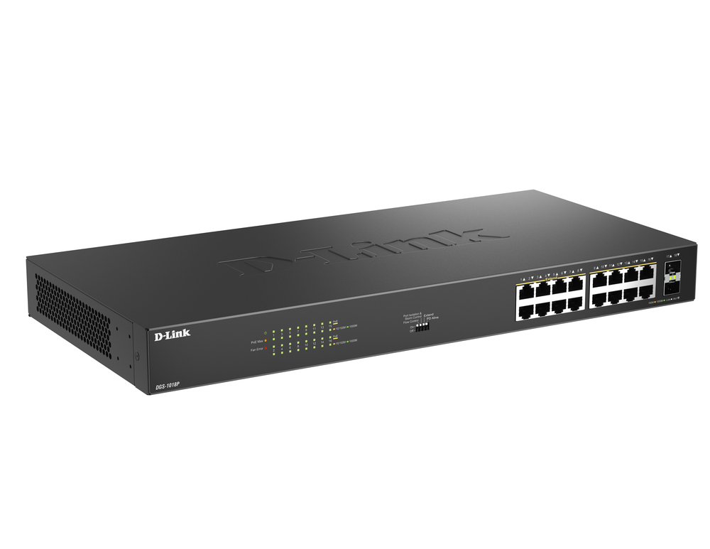 DGS-1018P/B1A - Конфигурируемый коммутатор D-Link с 16 портами 10/100/1000Base-T, 2 портами 1000Base-X SFP и DIP-переключателем (16 портов PoE 802.3af/at, PoE-бюджет 240 Вт)