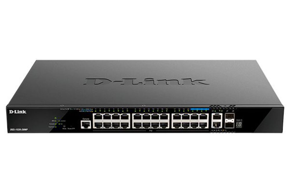 DGS-1520-28MP/A1A Управляемый L3 стекируемый коммутатор с 20 портами 10/100/1000Base-T, 4 портами 100/1000/2.5GBase-T, 2 портами 10GBase-T и 2 портами 10GBase-X SFP+ (PoE-бюджет 370 Вт)