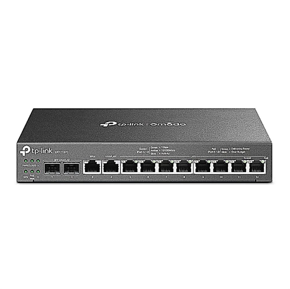 ER7212PC - VPN-маршрутизатор TP-Link Omada 12 портовый, 8 портов LAN RJ45 PoE+ (802.3af/at), бюджет PoE 110 Вт + 2 гигабитных порта WAN/LAN SFP, гигабитный порт WAN RJ45, гигабитный порт WAN/LAN RJ45.