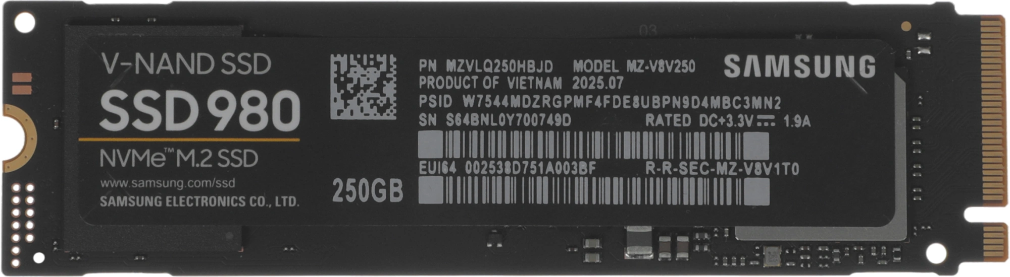 Накопитель SSD Samsung PCIe 3.0 x4 250GB MZ-V8V250BW 980 M.2 2280