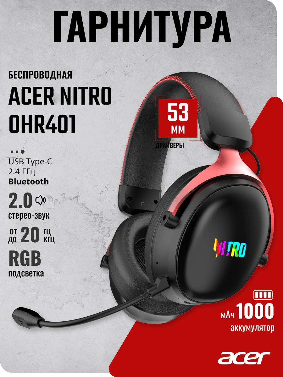 Наушники с микрофоном Acer Nitro OHR401 черный мониторные BT/Radio/3.5mm оголовье (ZL.HDSEE.00H)