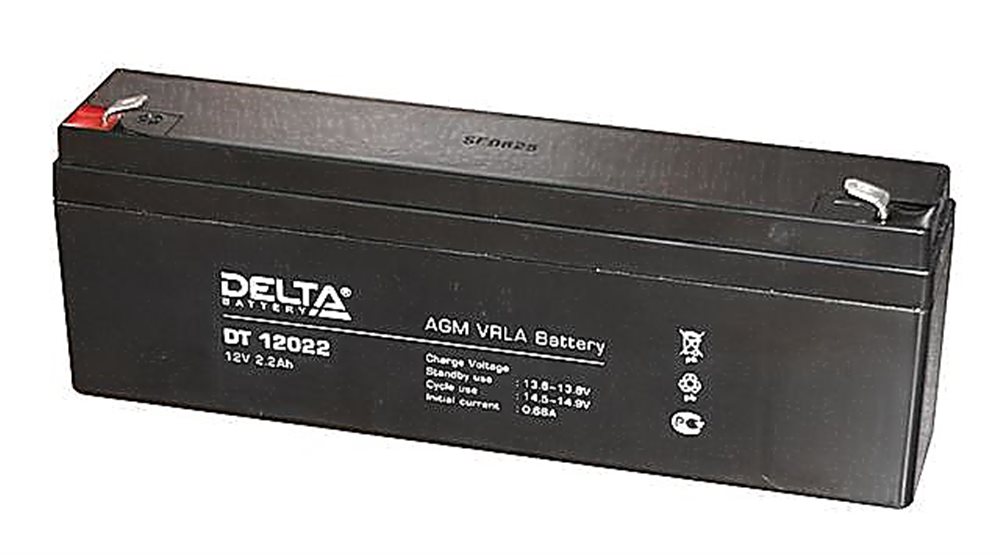DT 12022 - Аккумулятор Delta герметичный свинцово-кислотный, 12В/2.2Ач, ножевые клеммы 4.8 мм (F1), 178х35х60мм, 0,97кг