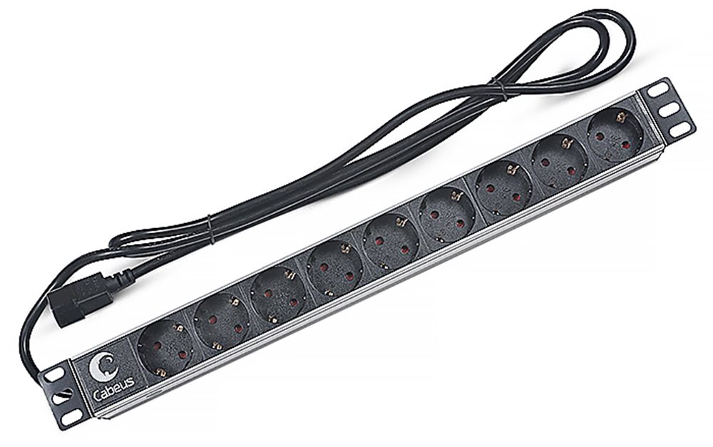 Cabeus PDU-9P-2IEC - Блок евророзеток для 19" шкафов, горизонтальный, 9 розеток, 10 A, без выключателя, алюминиевый корпус, шнур 2 М, вилка IEC 320 C14