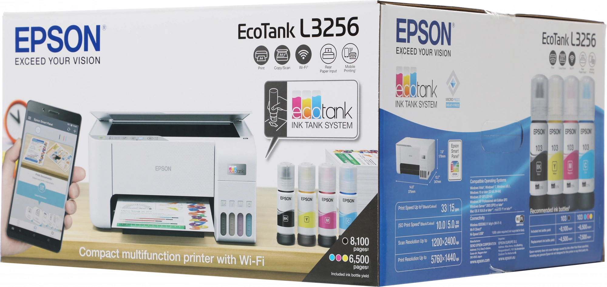 МФУ струйный Epson L3256 (C11CJ67411/421/504/524/516/519) A4 WiFi белый