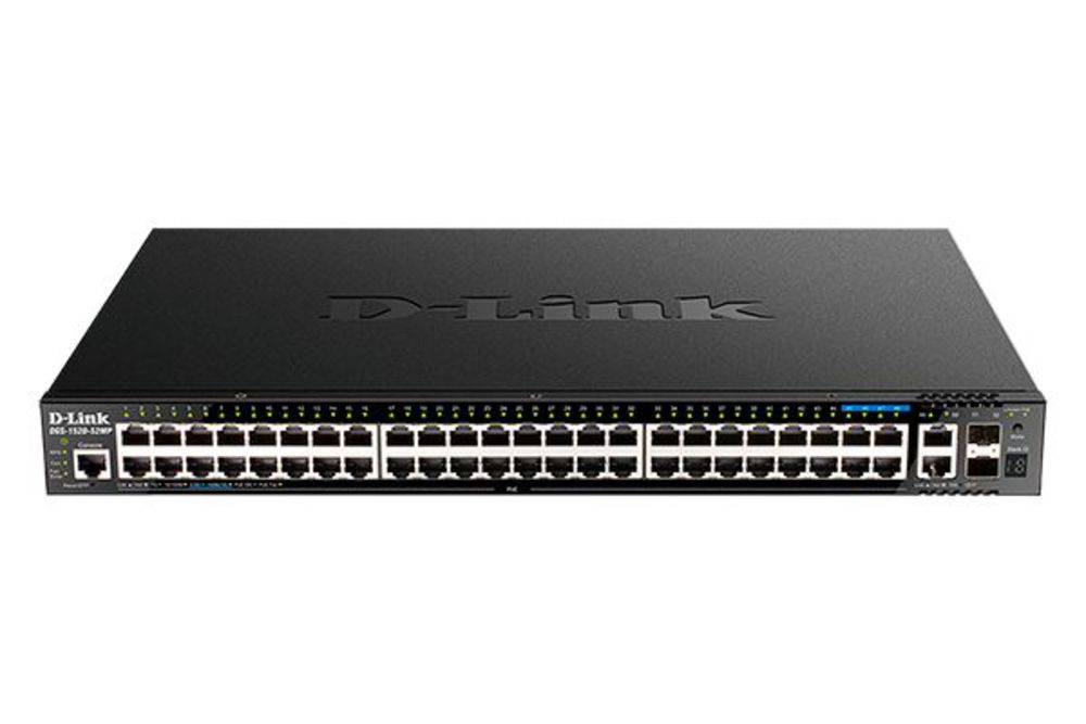 DGS-1520-52MP/A1A Управляемый L3 стекируемый коммутатор D-Link с 44 портами 10/100/1000Base-T, 4 портами 100/1000/2.5GBase-T, 2 портами 10GBase-T и 2 портами 10GBase-X SFP+ (PoE-бюджет 370 Вт)