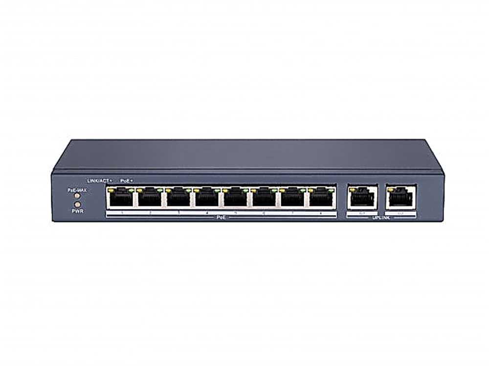 Сетевой неуправляемый коммутатор DS-S1008P - 8 RJ45 100M PoE, 2 порта с высоким приоритетом; 2 Uplink порта Gigabit