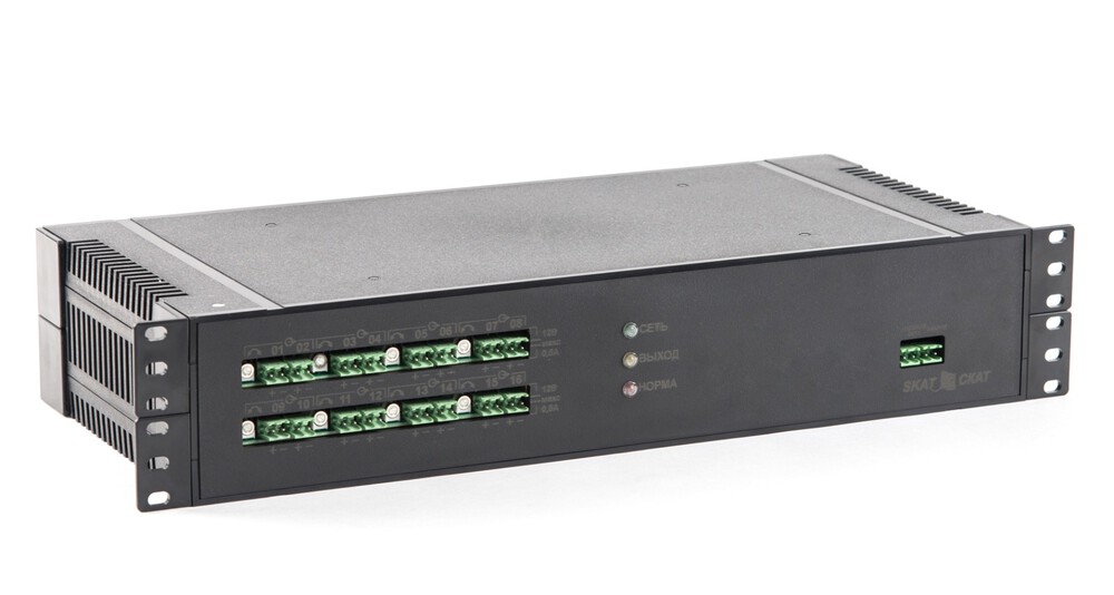2155 SKAT-VM.16 RACK - Источник питания высота 1U+1U, 16 выходов по 0,5 А или 8 по 1А