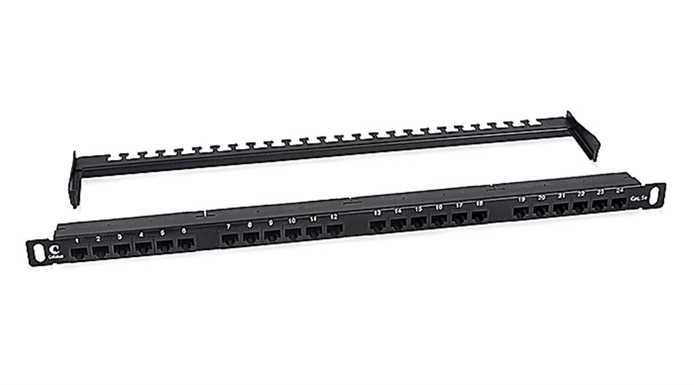 Cabeus PLHD-24-Cat.5e-Dual-180-0,5U Патч-панель высокой плотности 19" (0,5U), 24 порта RJ-45, категория 5e, Dual IDC,180 градусов, с задним кабельным организатором
