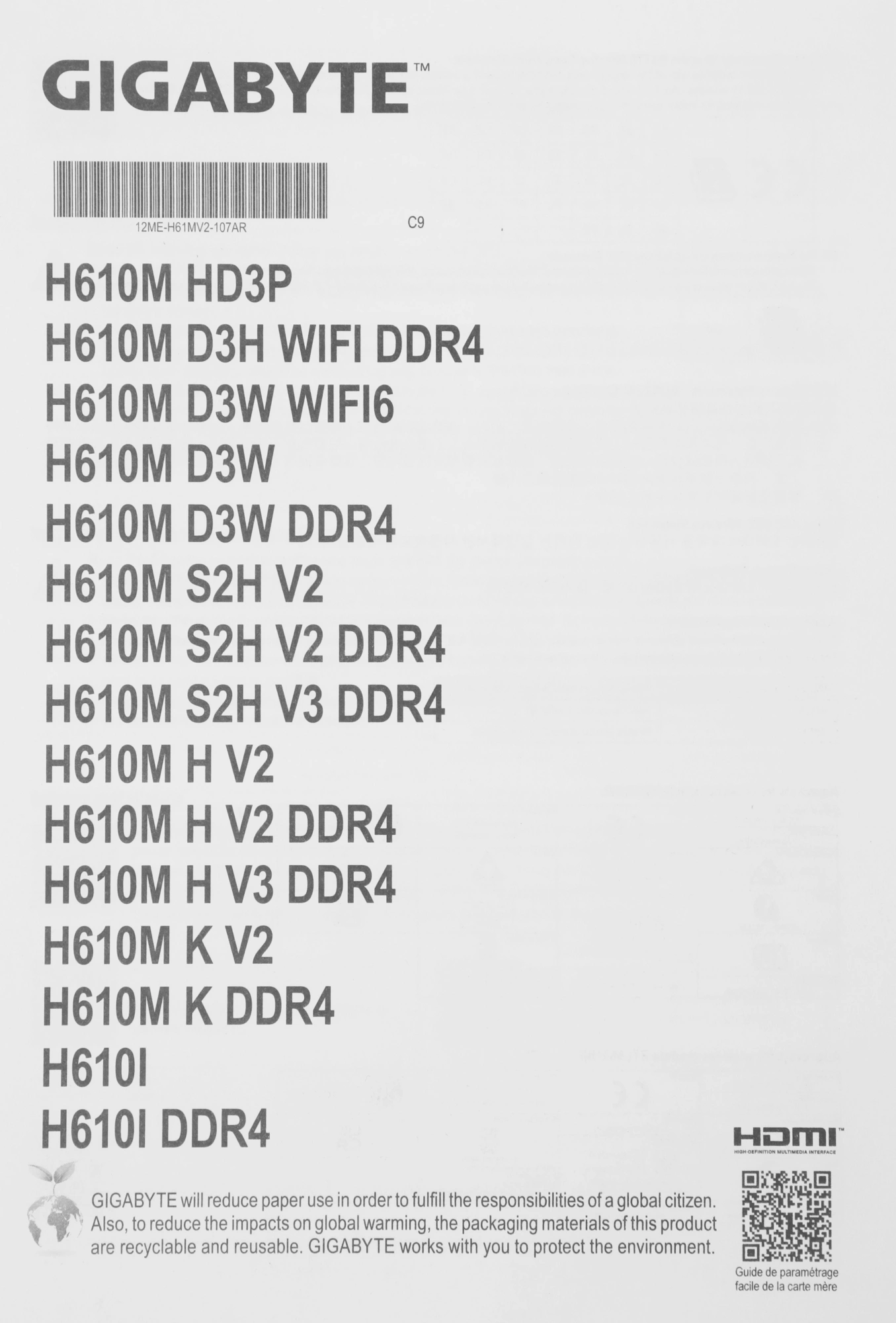 Материнская плата Gigabyte H610M K V2 Soc-1700 Intel H610 2xDDR5 mATX AC`97 8ch(7.1) GbLAN+HDMI+DP