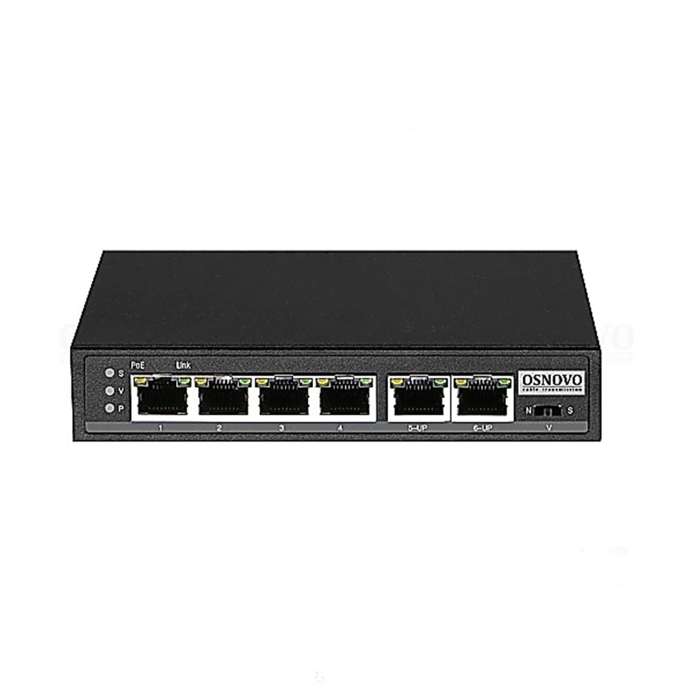 SW-20600/D - Коммутатор/удлинитель Osnovo, Fast Ethernet c PoE на 6 портов. Порты: 4 х FE (10/100 Base-T) с поддержкой PoE, 1 x FE (10/100 Base-T) Uplink с поддержкой питания по PoE (до 90W), 1 x FE (10/100 Base-T) Uplink.