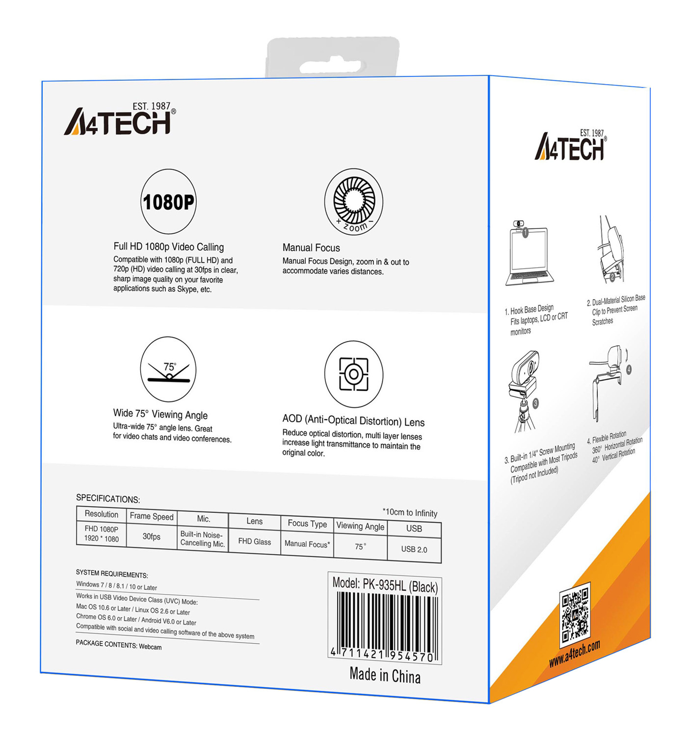 Камера Web A4Tech PK-935HL черный 2Mpix (1920x1080) USB2.0 с микрофоном