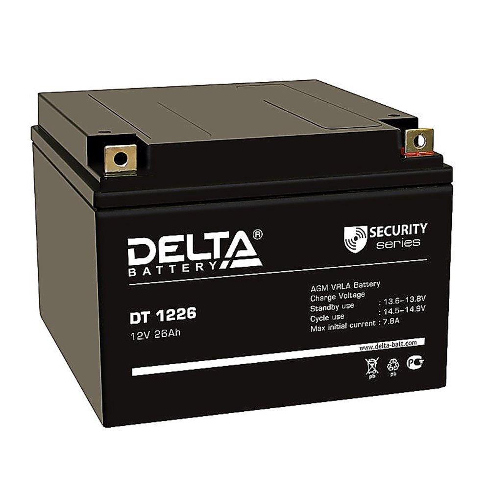 DT 1226 - Аккумулятор Delta герметичный свинцово-кислотный, 12В/26Ач, клеммы под болт с гайкой 6 мм