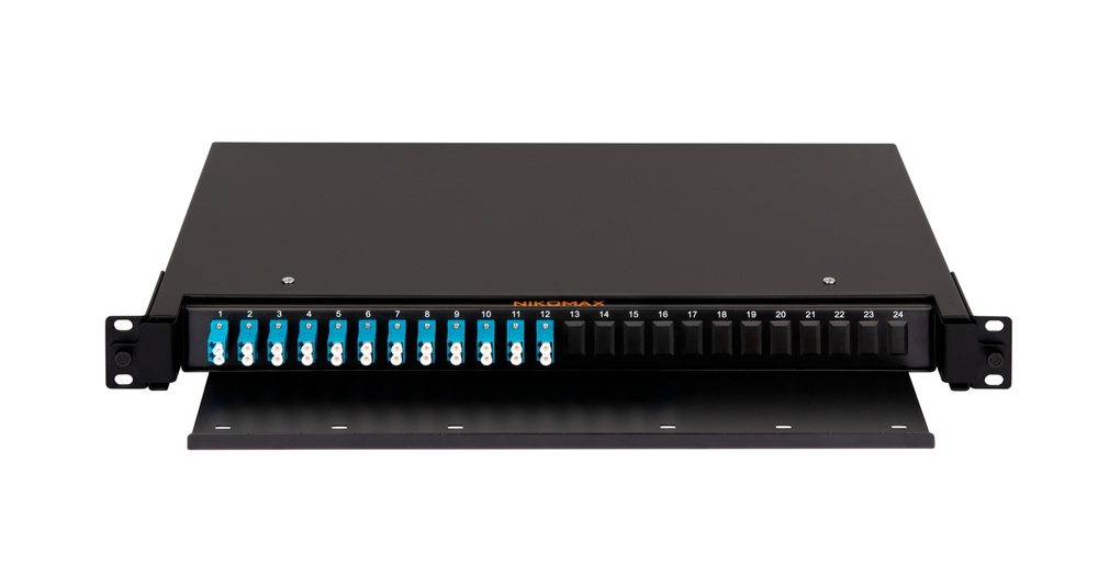 NMF-RP24LCUS2-TS-P1-1U-BK - Кросс 19", Premium Line, 1U, укомплектованный на 24 порта LC/UPC (12 двойных LC/UPC адаптеров), SM 9/125 OS2, выдвижной, черный