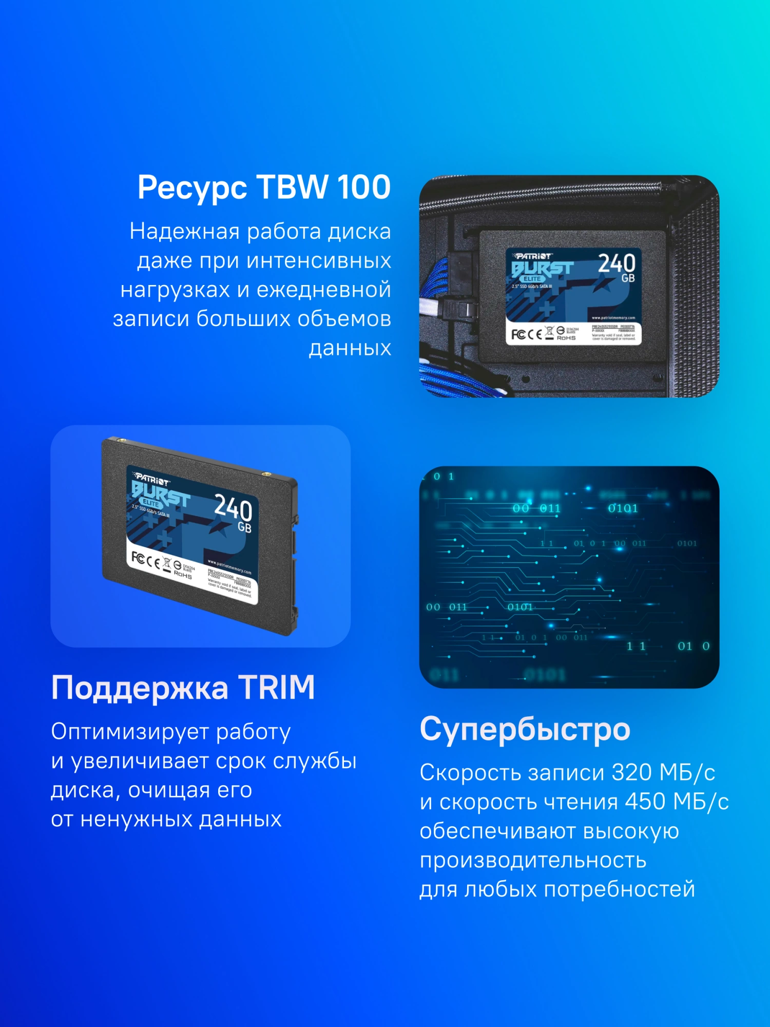 Накопитель SSD Patriot SATA-III 240GB PBE240GS25SSDR Burst Elite 2.5"