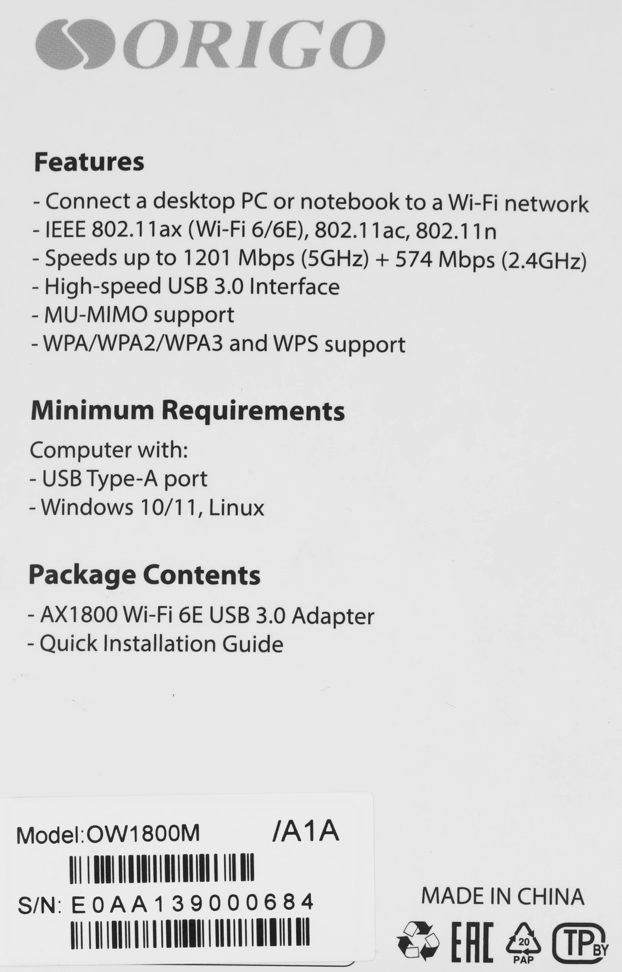 Сетевой адаптер Wi-Fi Origo OW1800M OW1800M/A1A AX1800 USB 3.0 (ант.внеш.несъем.) 2ант.