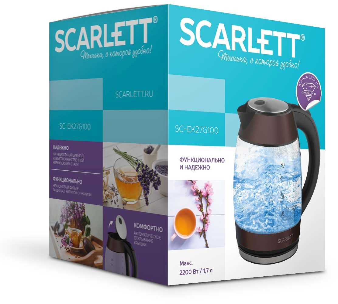 Чайник электрический Scarlett SC-EK27G100 1.7л. 2200Вт коричневый/черный корпус: стекло