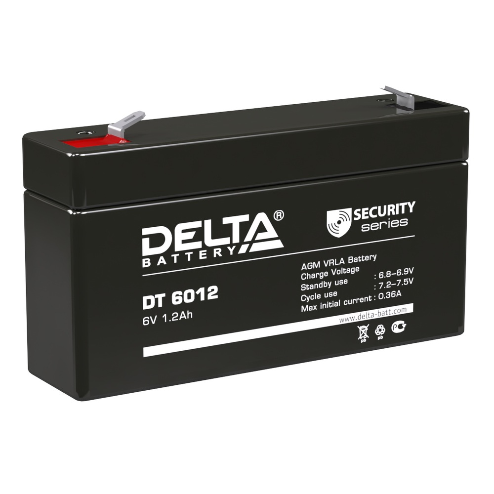 DT 6012 - Аккумулятор Delta герметизированный VRLA cвинцово-кислотный, напряжением 6В и емкостью 1.2Ач изготовлен по технологии AGM