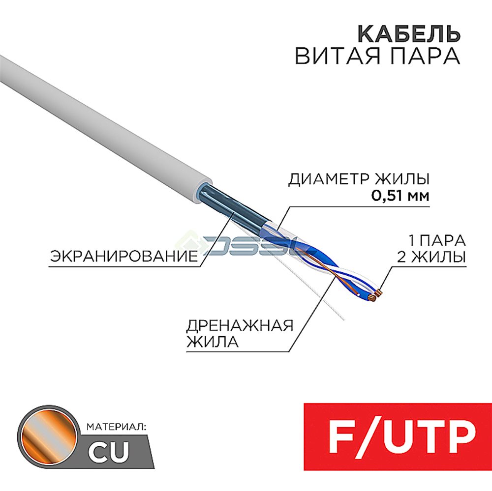 01-0120 - Кабель витая пара F/UTP, CAT 5e, PVC, 1PR, 24AWG, INDOOR, SOLID, серый, 305м, REXANT
