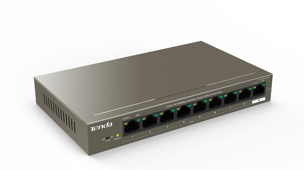Tenda TEF1109P-8-102W - Коммутатор PoE неуправляемый,  8 портов PoE 10/100 Base-T (IEEE 802.3af/at) автоматически идентифицирует устройства с питанием от PoE + 1 порт 10/100 Base-T (Data) . Бюджет PoE 92 Вт, грозозащита портов 6 кВ.