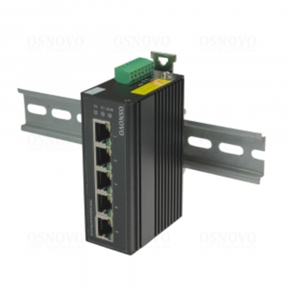 SW-5F-I - Компактный промышленный Ethernet коммутатор OSNOVO на 5FE RJ45 портов. Порты: 5 x FE (10/100Base-TX). Встроенная грозозащита 6 кВ.  Питание: 2 входа  DC12-60V. БП в комплект не входит. Монтаж на DIN-рейку (крепление в комплекте). Реле сигнализац