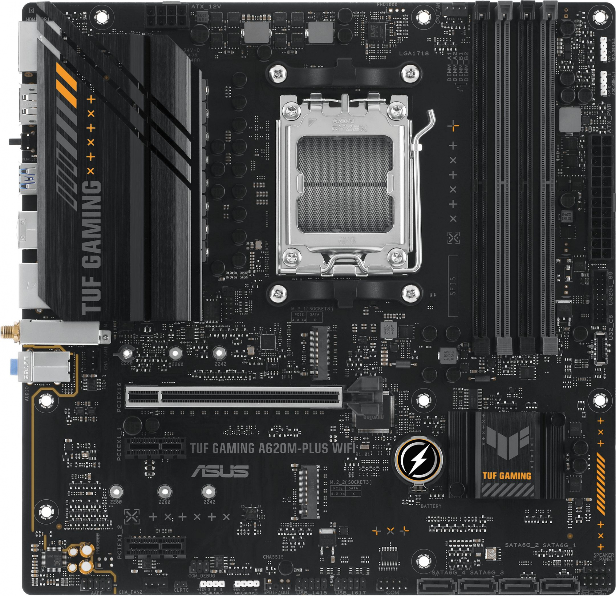Материнская плата Asus TUF GAMING A620M-PLUS WIFI Socket AM5 AMD A620 4xDDR5 mATX AC`97 8ch(7.1) 2.5Gg RAID+HDMI+DP