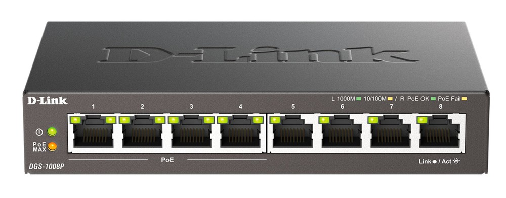 DGS-1008P/F3A - Неуправляемый коммутатор с 8 портами 10/100/1000Base-T (4 порта PoE 802.3af/at, PoE-бюджет 60 Вт), D-Link