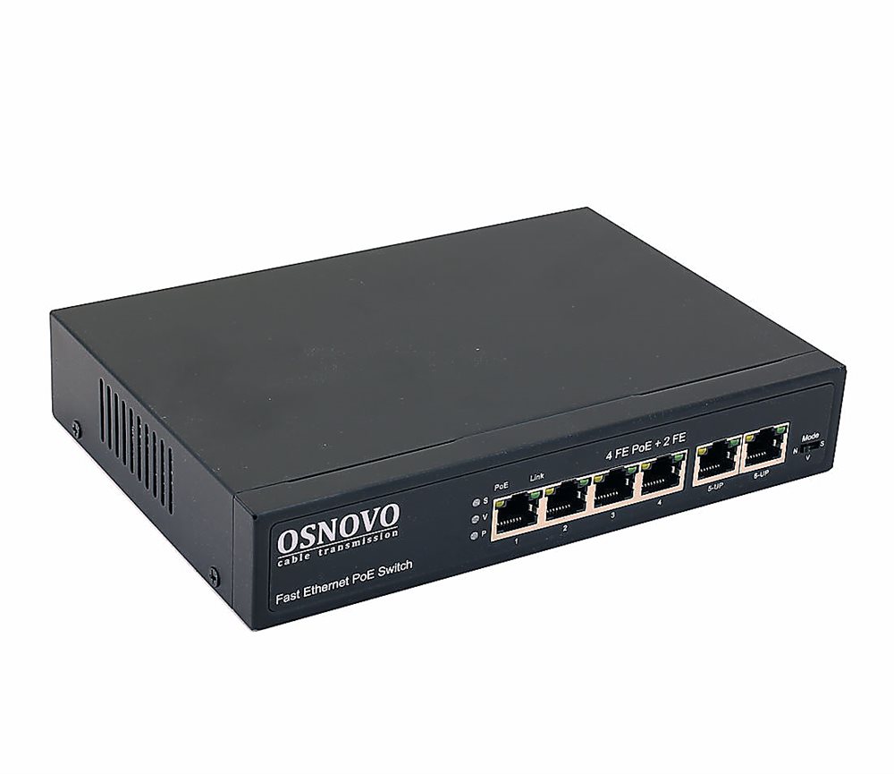 OSNOVO SW-20600(80W) - PoE коммутатор Fast Ethernet на 6 RJ45 портов. Порты: 4 х FE (10/100 Base-T) с поддержкой PoE (IEEE 802.3af/at), 2 x FE (10/100 Base-T) Uplink. Мощность PoE на порт - до 30W. Суммарная мощность PoE -  до 80W