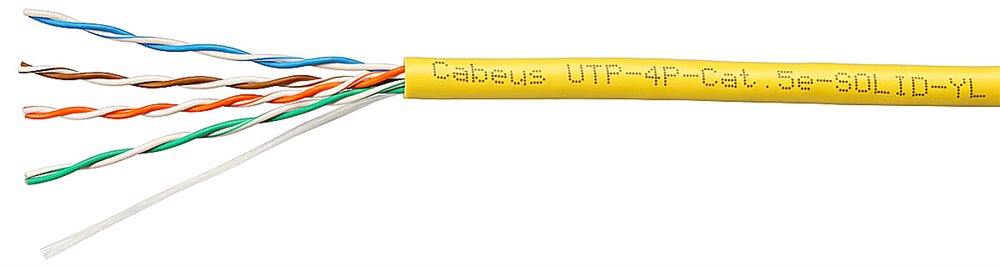 Cabeus UTP-4P-Cat.5e-SOLID-YL - Кабель витая пара UTP (U/UTP), категория 5e, 4 пары (24 AWG), одножильный, желтый (305 м), системная гарантия 25 лет.