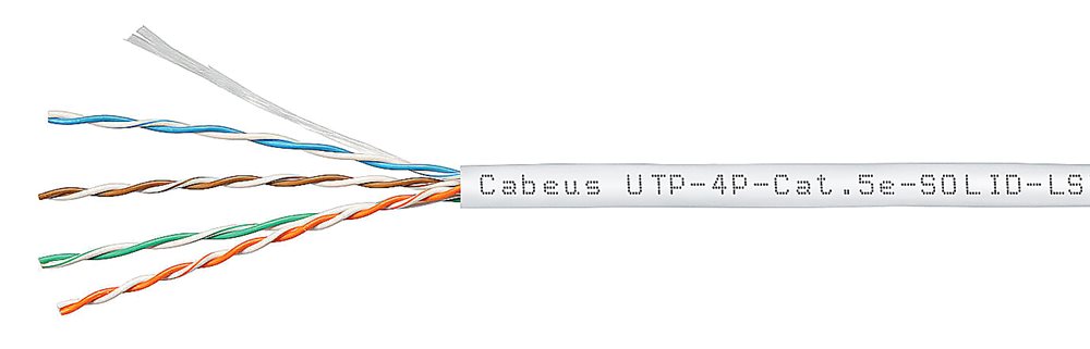 Cabeus UTP-4P-Cat.5e-SOLID-LSZH-WH - Кабель витая пара UTP (U/UTP), категория 5e, 4 пары (24 AWG), одножильный, белый, LSZH (Low Smoke Zero Halogen) (305 м), системная гарантия 25 лет.