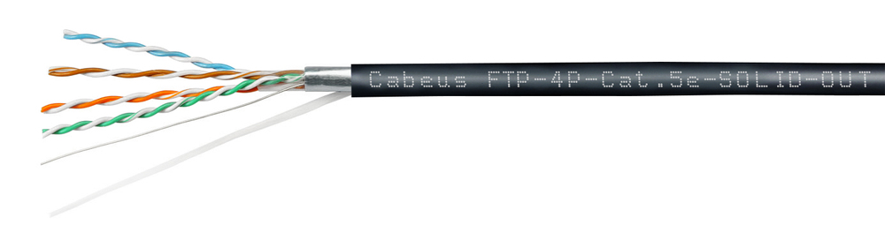 Cabeus FTP-4P-Cat.5e-SOLID-OUT-PE-UV-100 Кабель витая пара экранированная FTP (F/UTP), категория 5e, 4 пары (24 AWG), одножильный, экран - фольга, для внешней прокладки, PE-UV (100 м)