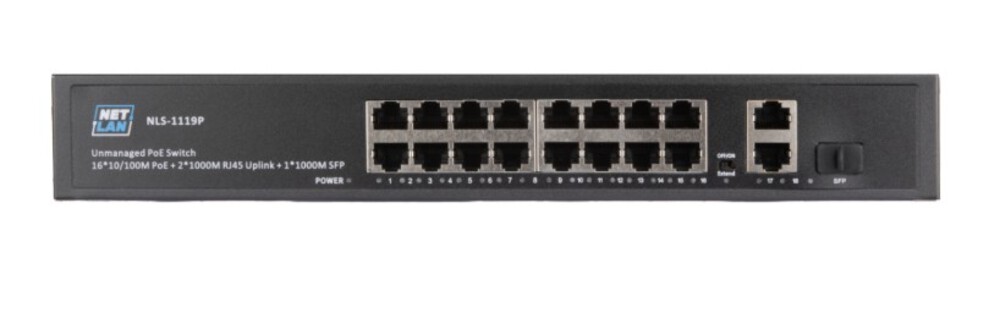 NLS-1119P - Коммутатор NETLAN, неуправляемый, 24*10/100/1000Мбит/с PoE (af/at), 2*10/100/1000Мбит/с SFP, DC52V/6.1A, PoE бюджет 320W