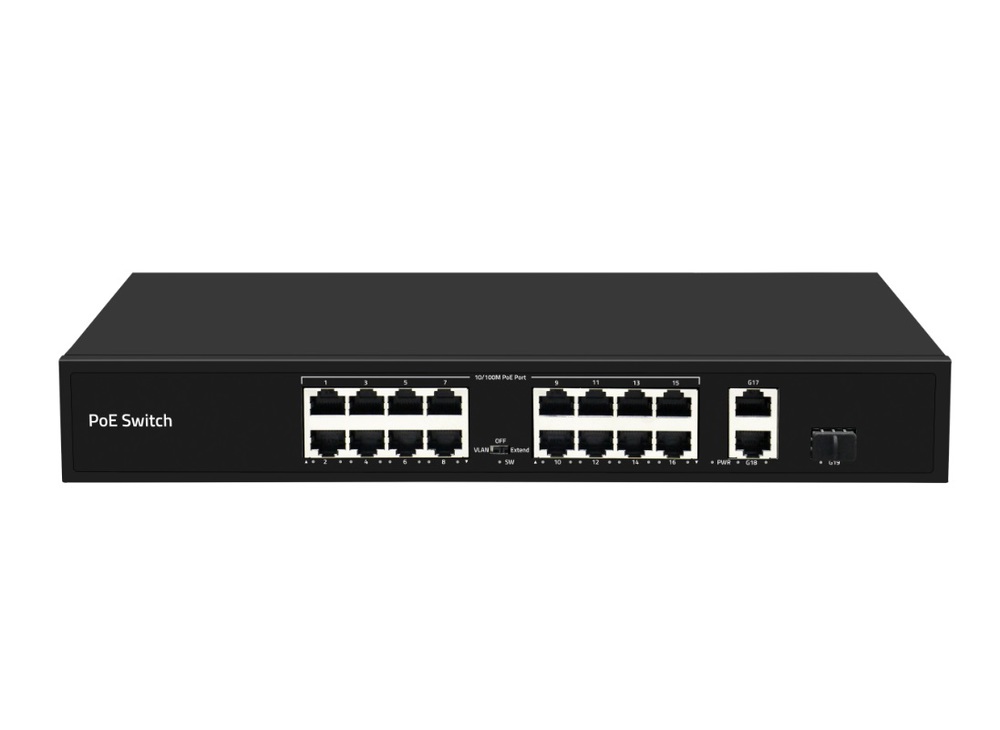 ST-NS116MB-GDF - Неадминистрируемый коммутатор, 16 RJ-45 POE портов (10/100 Мбит/с), 2 RJ-45 Uplink порта (1000 Мбит/с), 1 SFP порт (1000 Мбит/с), бюджет на порт до 30 Вт, общий бюджет до 300 Вт.