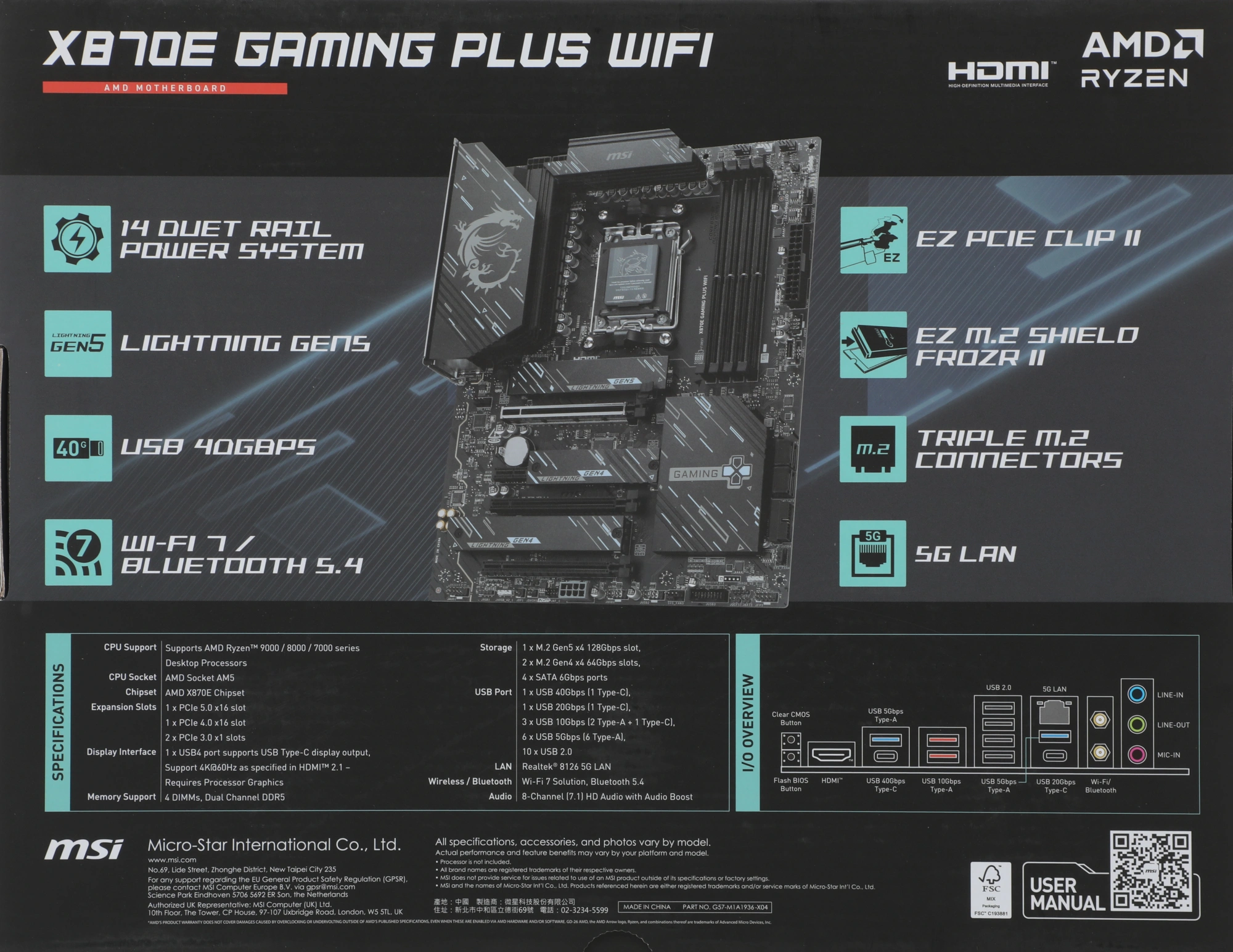 Материнская плата MSI X870E GAMING PLUS WIFI Socket AM5 AMD X870E ATX AC`97 8ch(7.1) 5Gigabit RAID+HDMI