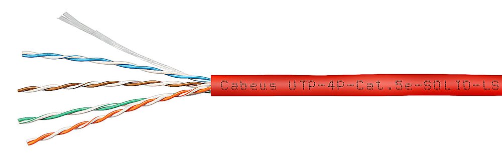 Cabeus UTP-4P-Cat.5e-SOLID-LSZH-RD - Кабель витая пара UTP (U/UTP), категория 5e, 4 пары (24 AWG), одножильный, красный, LSZH (Low Smoke Zero Halogen) (305 м), системная гарантия 25 лет.