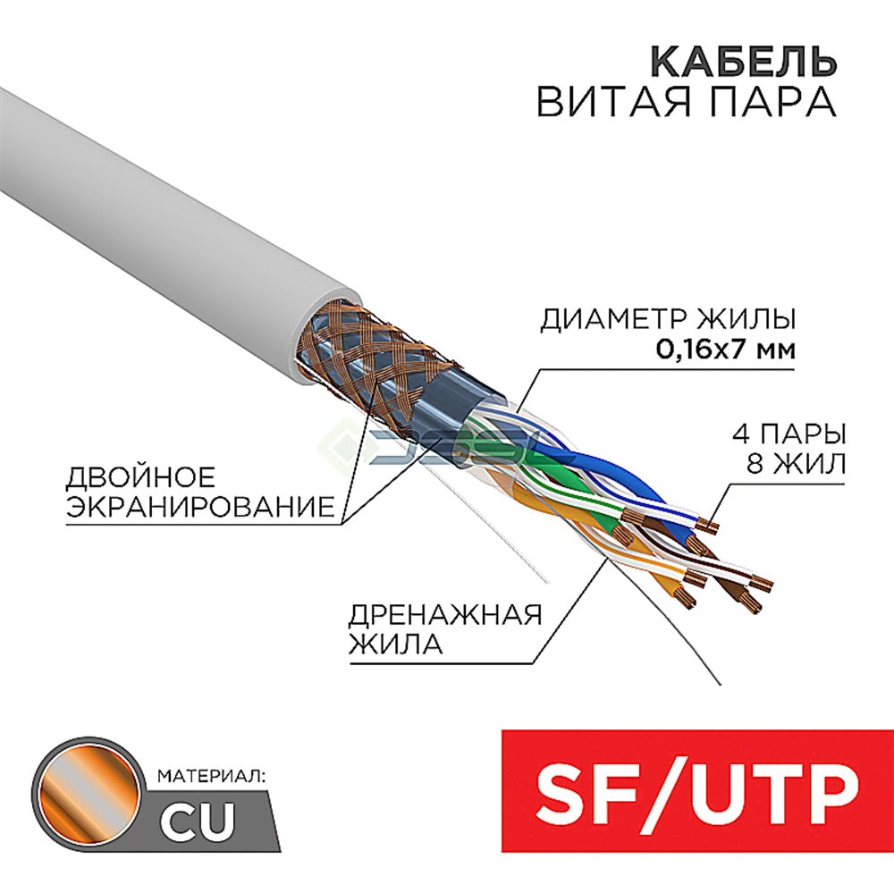 01-0343 - Кабель витая пара SF/UTP, CAT 5e, PVC, 4PR, 24AWG, INDOOR, STRANDED, серый, 305м, REXANT