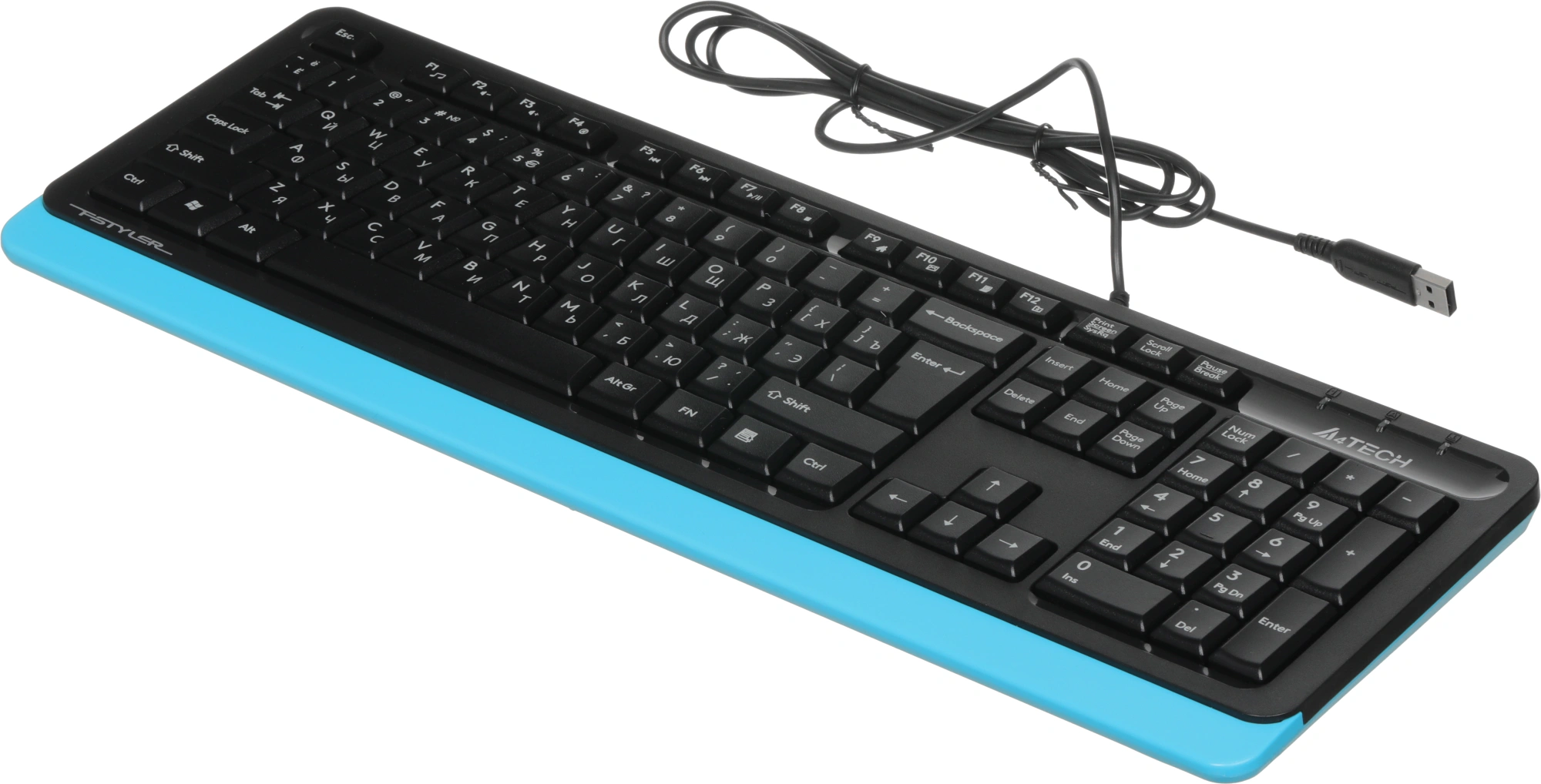 Клавиатура A4Tech FKS10 черный/синий USB (подставка для запястий) (FKS10 BLUE) кабель 1.5м