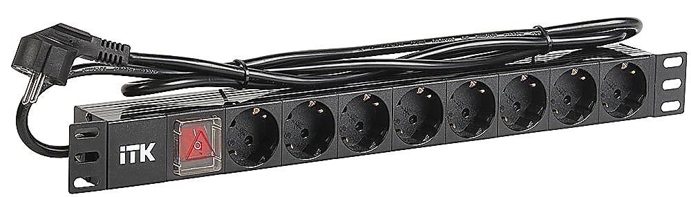 PH12-8D1-P - ITK PDU 8 розеток DIN49440 (нем. станд.) с LED выключателем, 1U, шнур 2м вилка DIN49441 (нем. станд.), профиль из ПВХ, черный.
